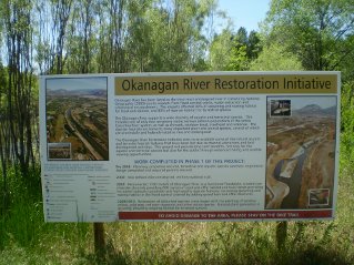 Okanagan River Restoration sign, north of Oliver, Kettle Valley Railway Oliver to Osoyoos Lake, 2011-06.
